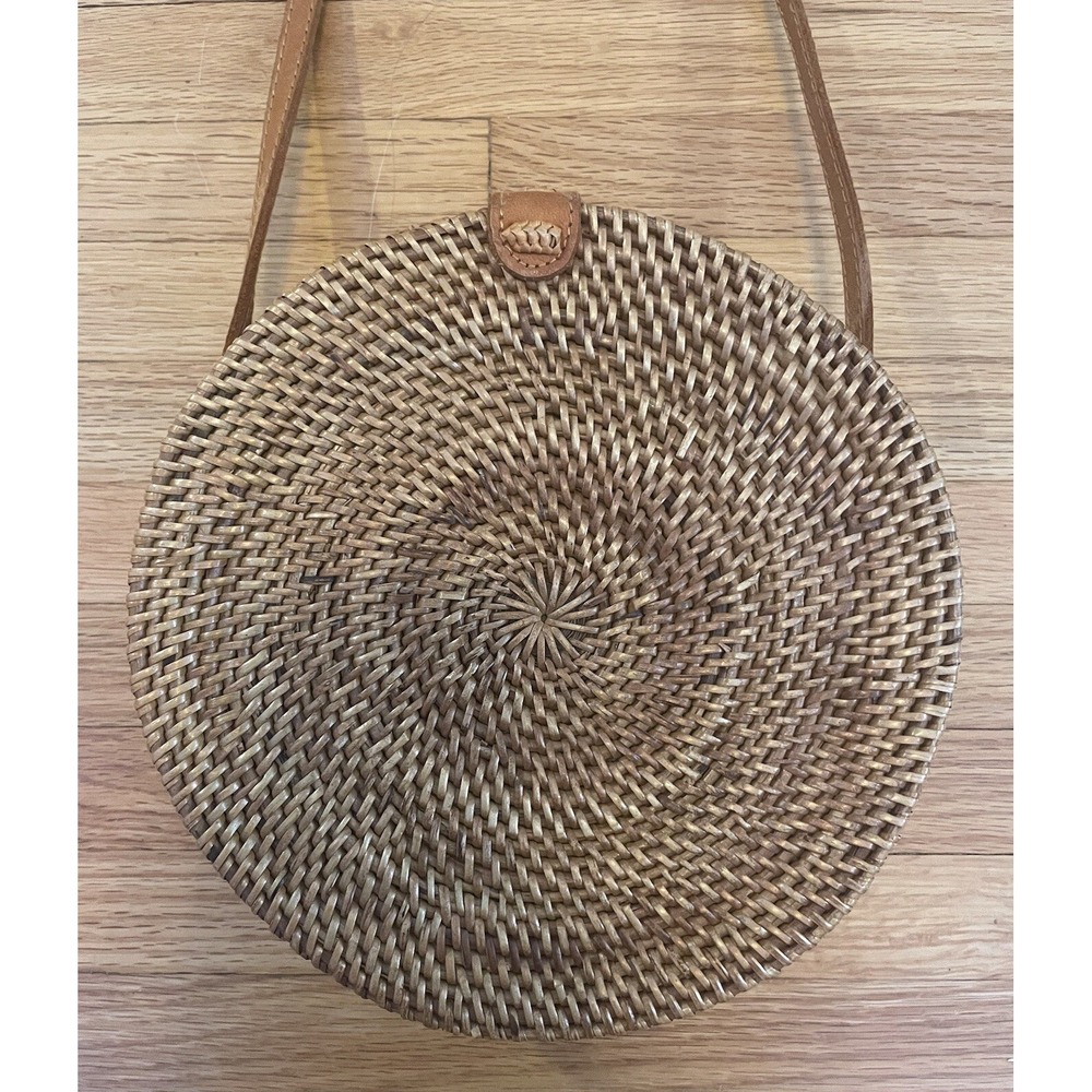 Sportsgirl VINTAGE Circular Straw Rattan Bag Purse Leather Strap Boho